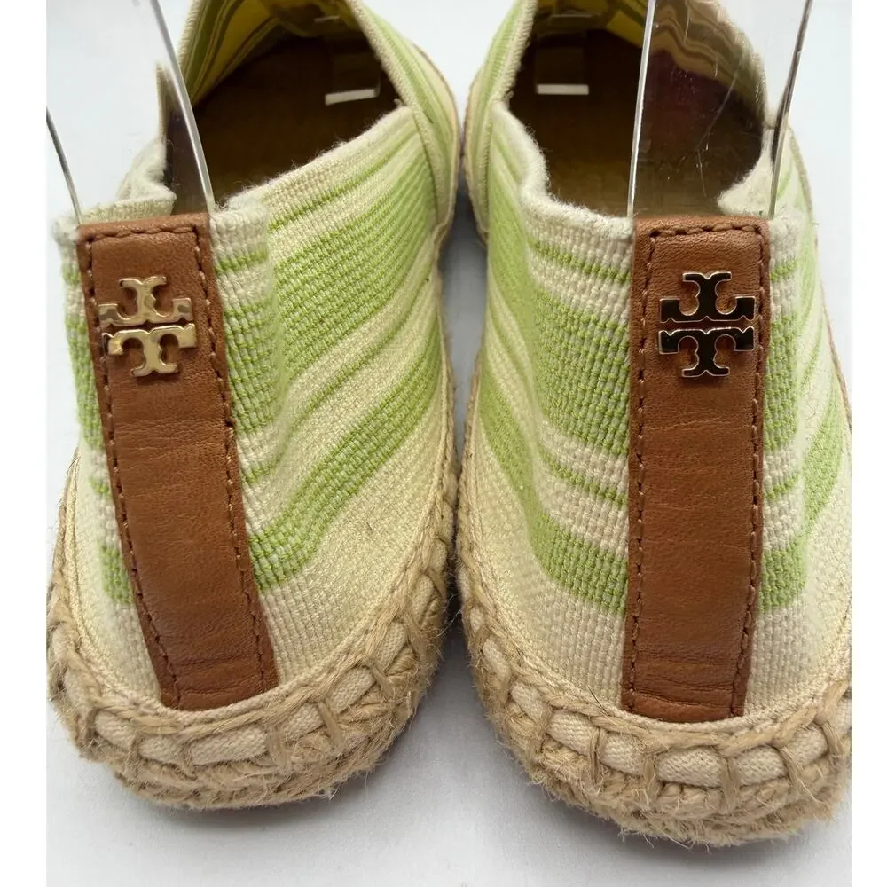Tory Burch Striped Espadrille Slip-On Flats Green‎ Ivory Canvas Jute Women’s 10